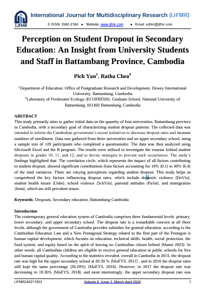 Perception on Student Dropout in Secondary  Education: An Insight from University Students  and Staff in Battambang Province, Cambodia