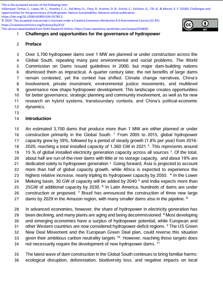 Challenges and opportunities for the governance of hydropower